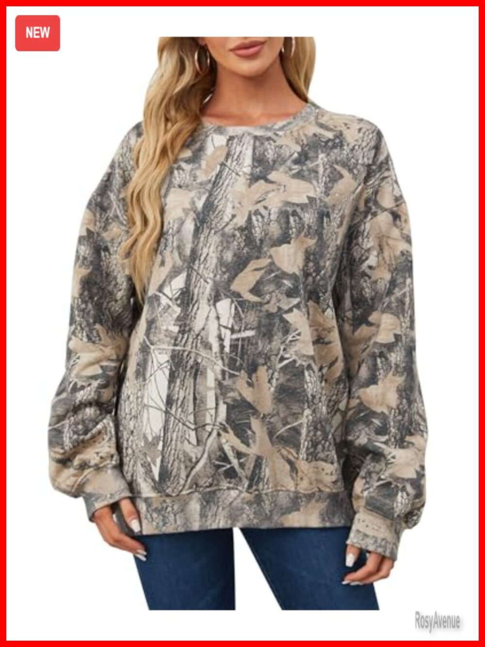 Camo Crewneck Sweatshirt Cotton Blend Fleece Lined Oversized Pullover